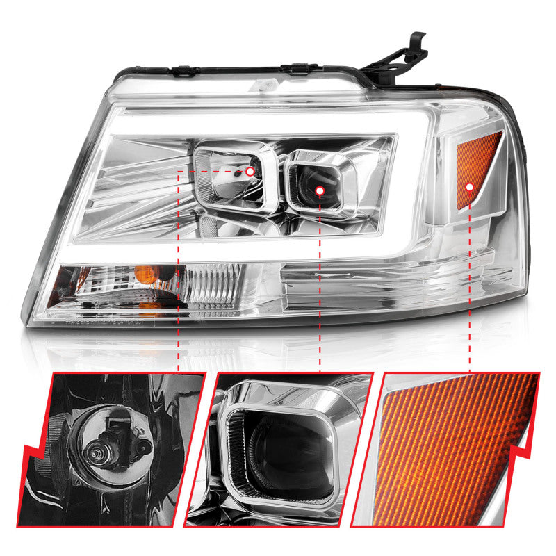 ANZO 2004-2008 Ford  F-150 Projector Headlights w/ Light Bar Chrome Housing