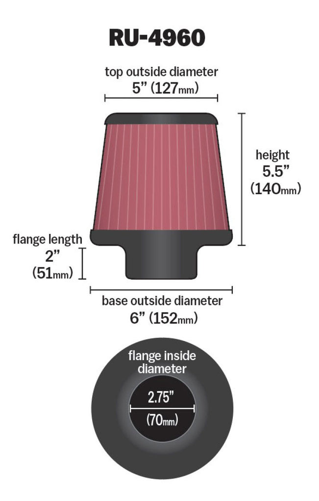 K&N Filter Universal Rubber Filter 2 3/4 inch Flange 6 inch Base 5 inch Top 5 1/2 inch Height