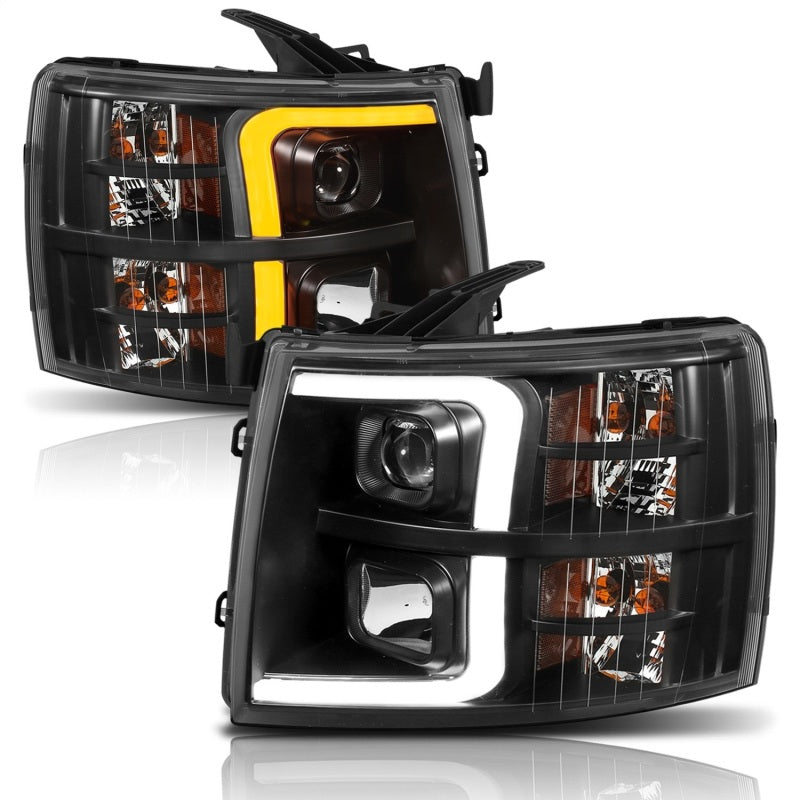 ANZO 07-13 Chevrolet Silverado 1500 Plank Style Projector Headlights Black w/ Amber