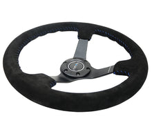 Load image into Gallery viewer, NRG Reinforced Steering Wheel (350mm / 3in. Deep) Blk Suede/Blue BBall Stitch w/5mm Matte Blk Spokes