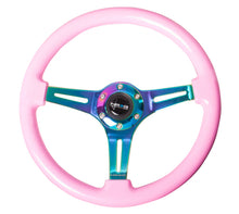 Load image into Gallery viewer, NRG Classic Wood Grain Steering Wheel (350mm) Solid Pink Painted Grip w/Neochrome 3-Spoke Center