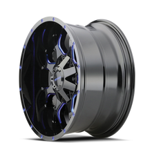 Load image into Gallery viewer, Mayhem 8015 Warrior 18x9 / 5x139.7 BP / 18mm Offset / 110mm Hub Black w/ Prism Blue Wheel