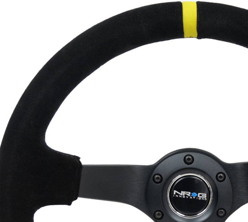 NRG Reinforced Steering Wheel (350mm / 3in. Deep) Blk Suede/X-Stitch w/5mm Blk Spoke & Yellow CM