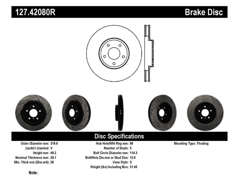 StopTech 06-07 350Z / 05-07 G35 exp Sport/ 06-07 G35X SportStop Slotted & Drilled Front Right Rotor