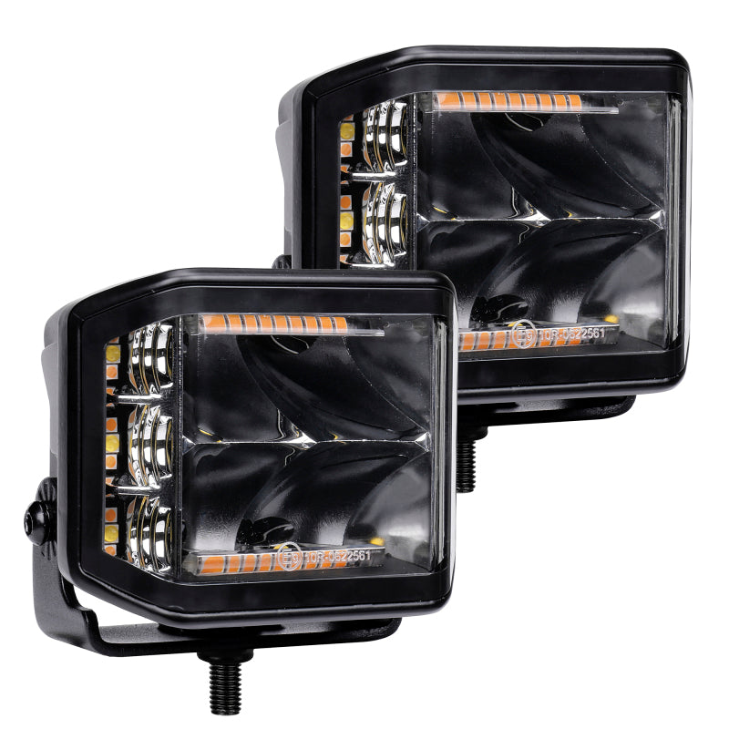 Go Rhino Xplor Blackout Combo Series Cube Sideline LED Spot Lights w/ Amber 4x3 - Blk (Pair)