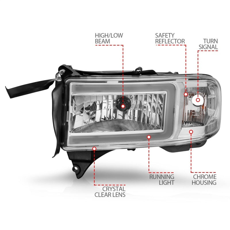 ANZO 94-02 Dodge RAM Crystal Headlight - w/ Light Bar Chrome Housing