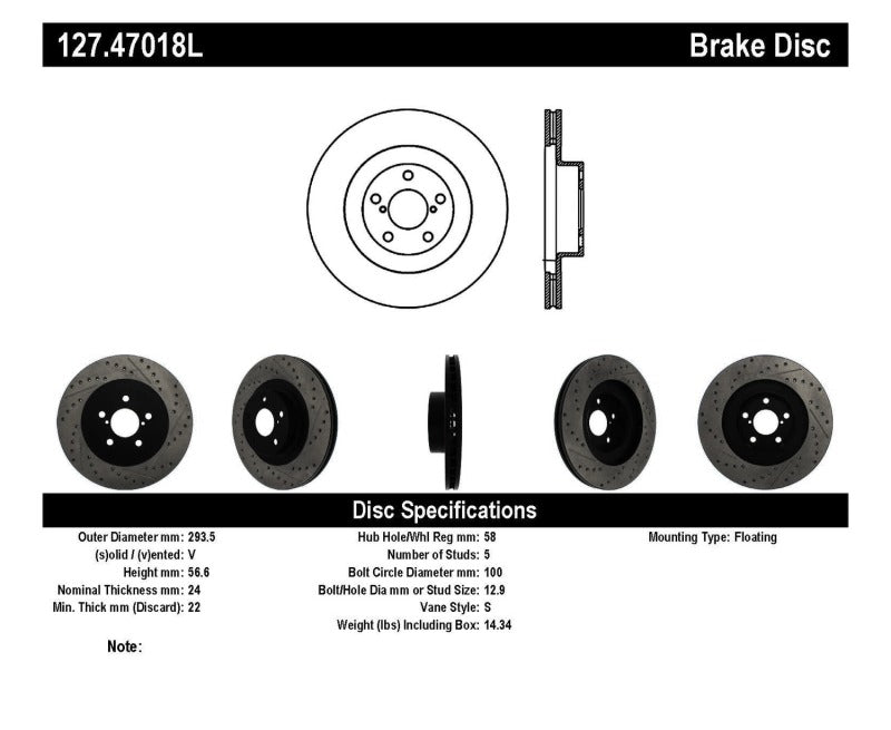 StopTech 02-10 Subaru WRX Slotted & Drilled Left Front Rotor (exc. STi)