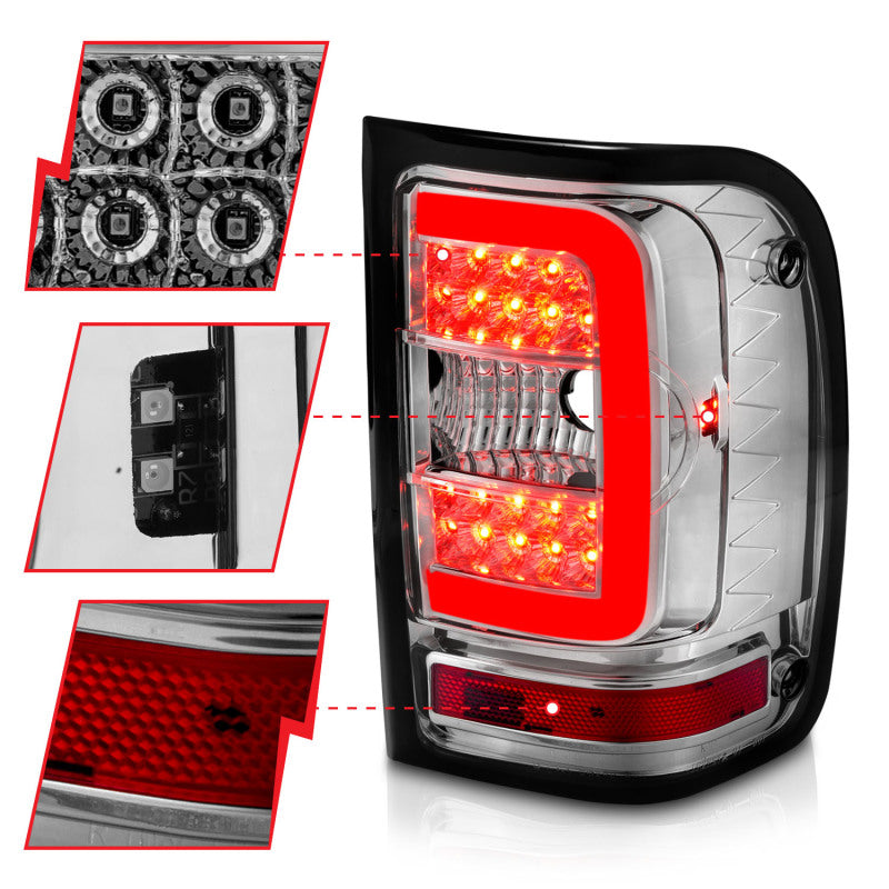 ANZO 2001-2011 Ford  Ranger LED Tail Lights w/ Light Bar Chrome Housing Clear Lens